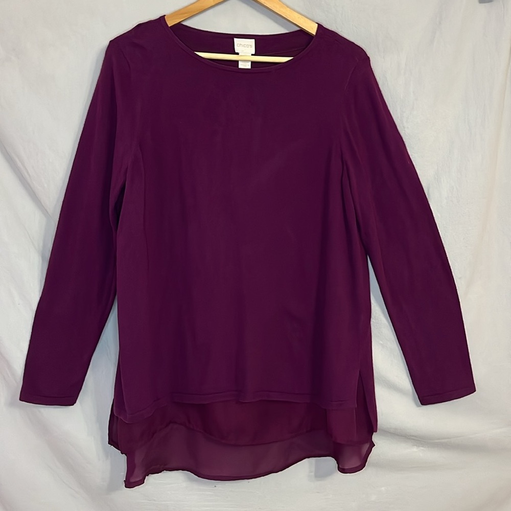Chico's 2 Eggplant Jeweled Purple Tunic Sweater with Chiffon Lining / Hem